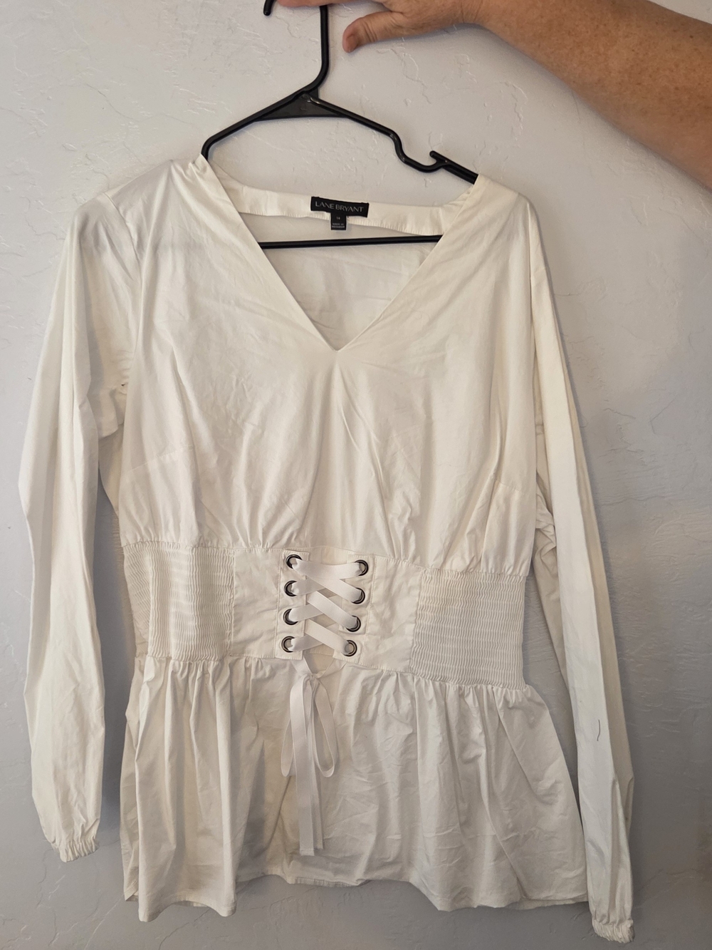 Lane Bryant White Long-Sleeve V-Neck Lace-Up Peplum Top